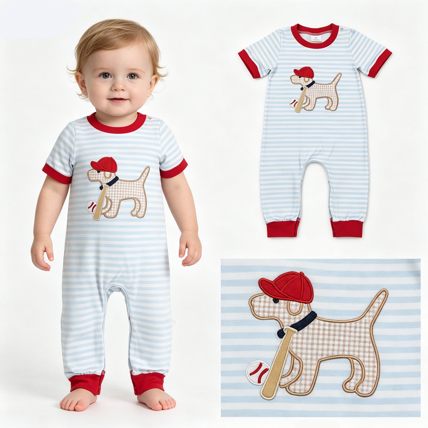 USA Shop Embroidery Dog Baseballs Baby Boys Stripe Team Romper