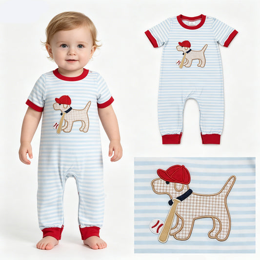 USA Shop Embroidery Dog Baseballs Baby Boys Stripe Team Romper