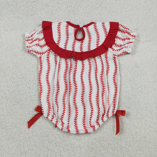 Smocked Baseballs Bows Baby Girls Red Stripe Team Ruffle Rompers
