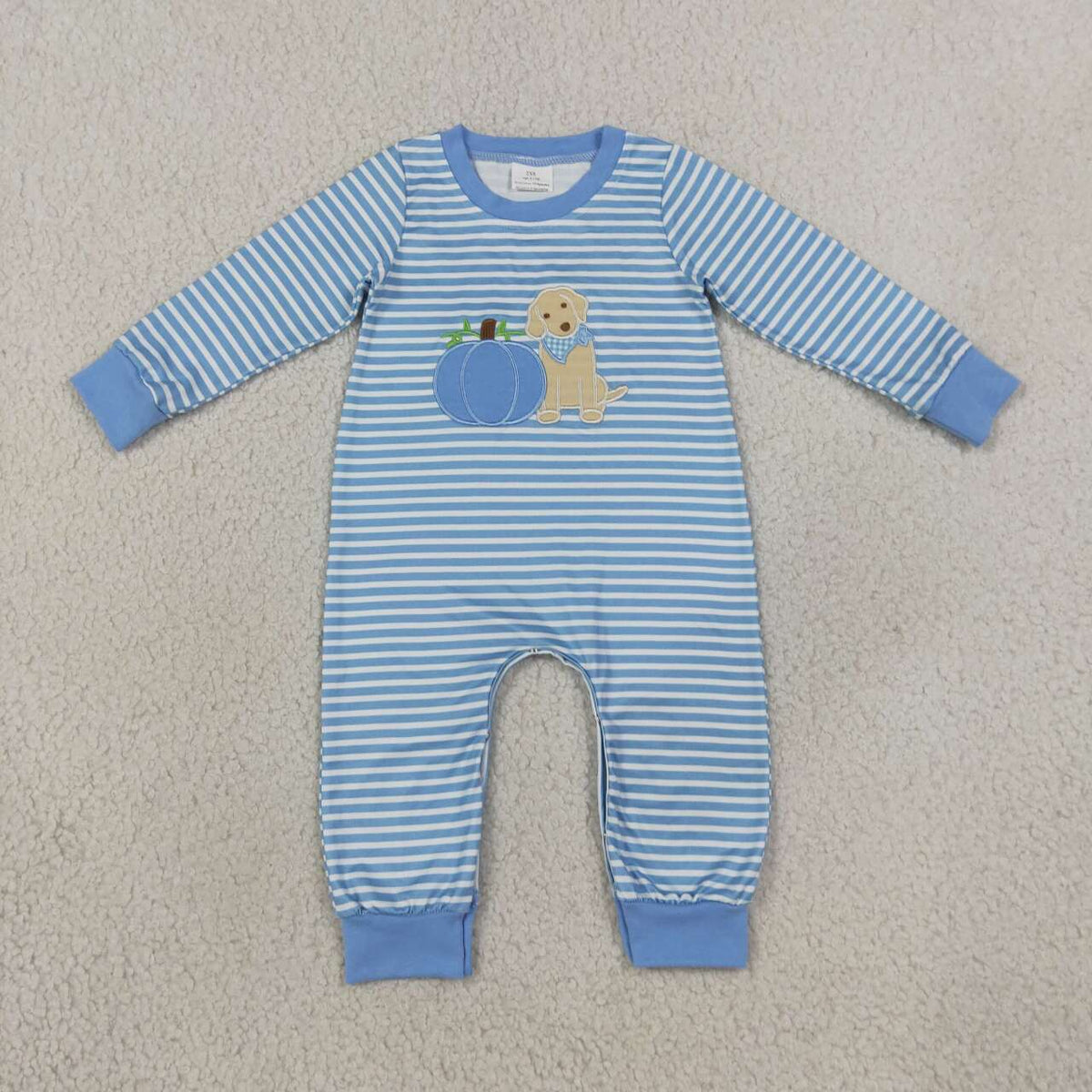 LR3141 Pumpkin Puppy Embroidery Blue Stripes Print Baby Boys Fall Long Sleeve Romper