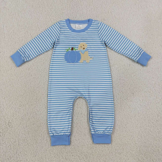 LR3141 Pumpkin Puppy Embroidery Blue Stripes Print Baby Boys Fall Long Sleeve Romper