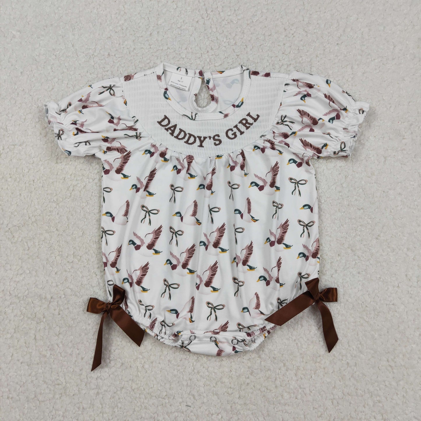 Sibling Smocked Daddy's Girl Baby Girls Bows Ducks Hunting Knee Length Dress Rompers