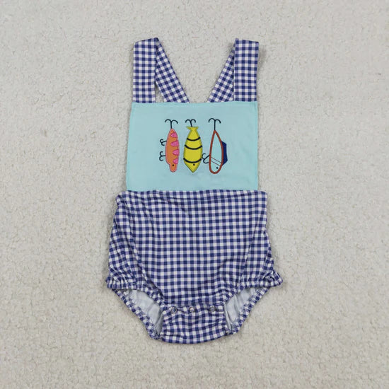 Sibling Baby Kids Embroidery Fishing Top Checked Shorts Hunting Clothes Set Strap Rompers