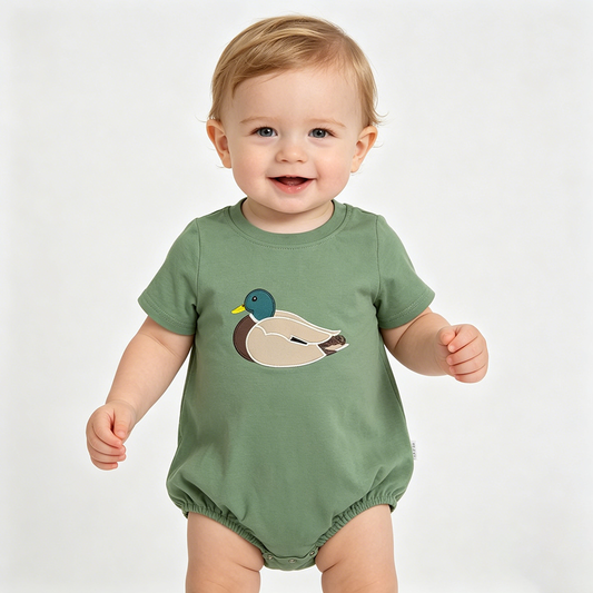 SR3444 Duck Embroidery Green Cotton Baby Boys Summer Romper