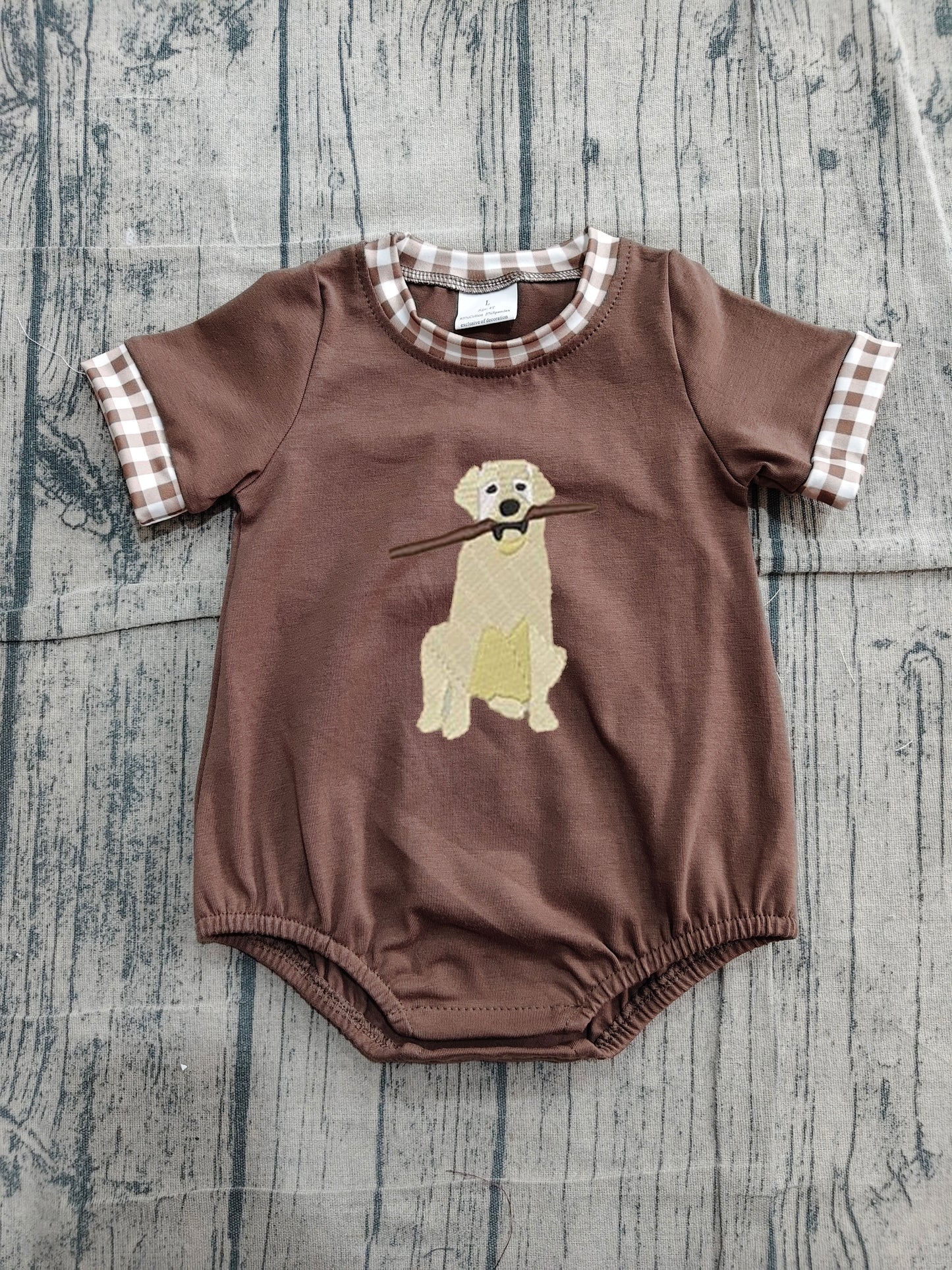 Baby Brown Puppy Romper - Gingham Trim Labrador Applique Bubble Onesie Preorder
