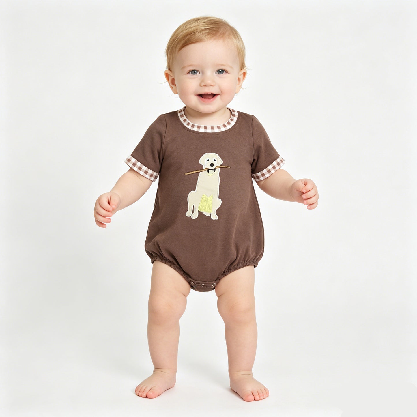 SR3470 Dog Embroidery Brown Plaid Baby Boys Summer Romper