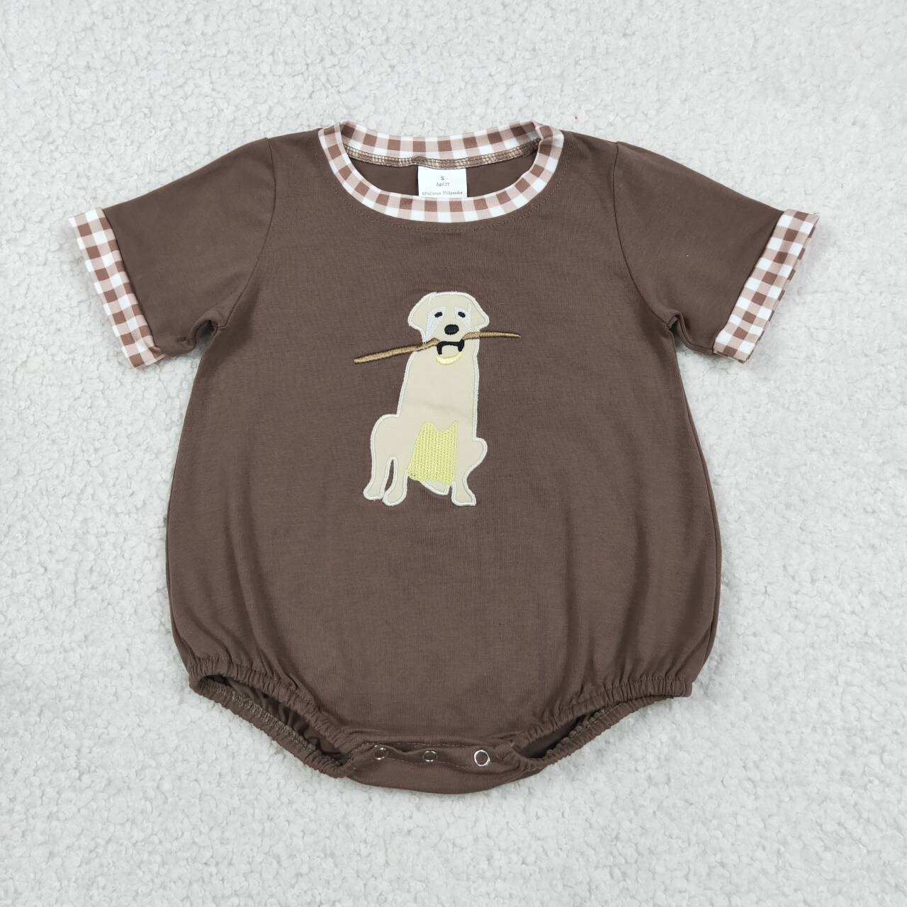 SR3470 Dog Embroidery Brown Plaid Baby Boys Summer Romper