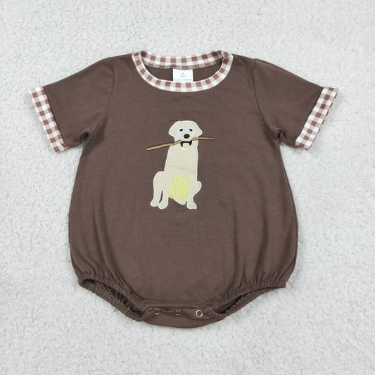SR3470 Dog Embroidery Brown Plaid Baby Boys Summer Romper