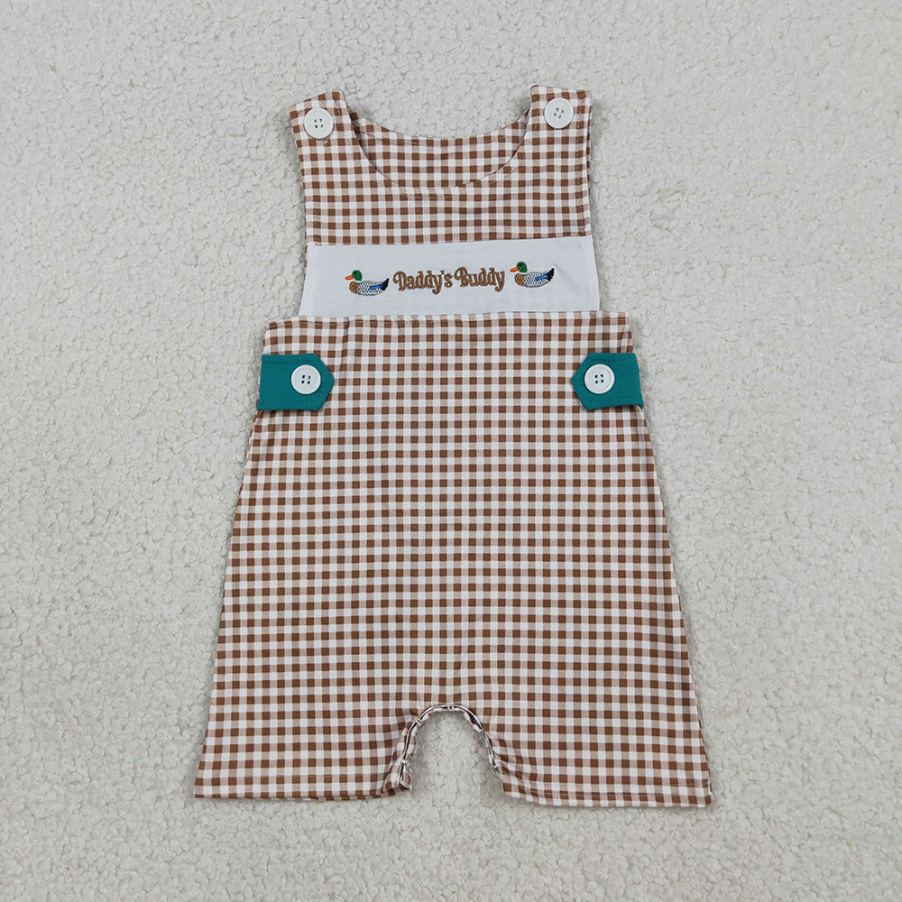 SR3508 Daddy's Buddy Duck Embroidery Plaid Print Baby Boys Sleeveless Romper
