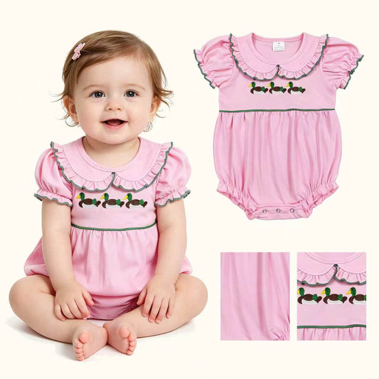 SR3532 Duck Embroidery Pink Cotton Baby Girls Summer Doll Collar Romper