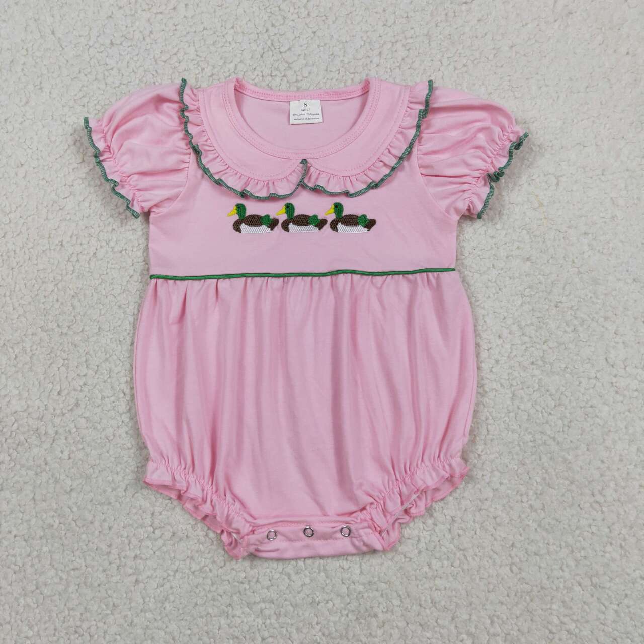 SR3532 Duck Embroidery Pink Cotton Baby Girls Summer Doll Collar Romper