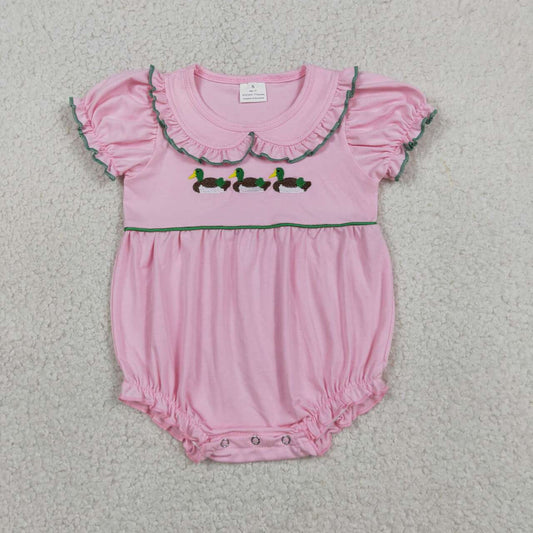 SR3532 Duck Embroidery Pink Cotton Baby Girls Summer Doll Collar Romper