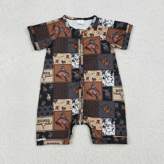 SR3545 RODEO Cows Aztec Print Baby Boys Summer Zipper Sleeper Romper