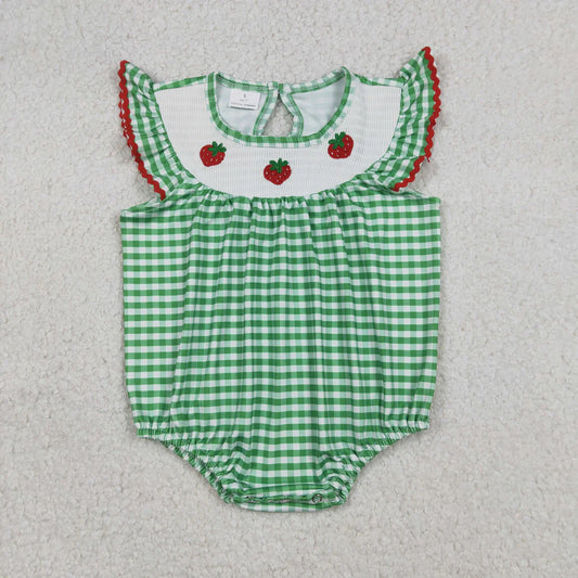 Smocked Strawberry Baby Girls Green Checked Ruffle Rompers