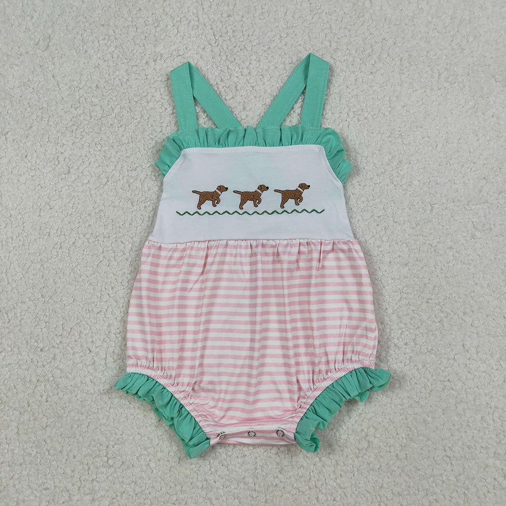SR3558 Puppy Embroidery Stripes Print Baby Girls Summer Strap Romper