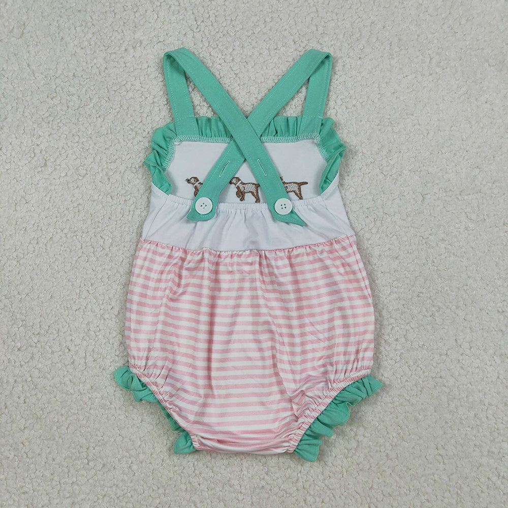 SR3558 Puppy Embroidery Stripes Print Baby Girls Summer Strap Romper