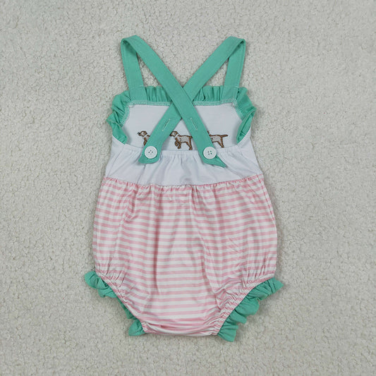 SR3558 Puppy Embroidery Stripes Print Baby Girls Summer Strap Romper