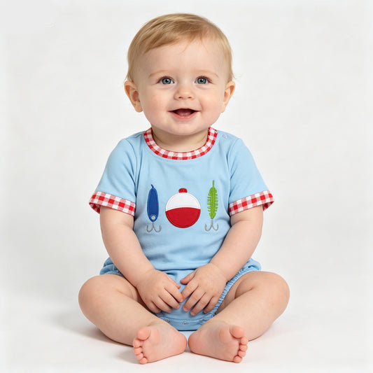 Toddler Boys Light Blue Fishing Lure Embroidery Bubble Romper with Red Gingham Trim