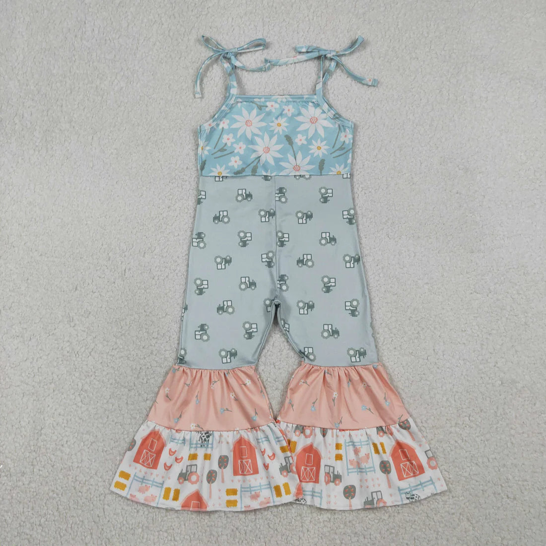 Sibling Baby Girls Strap Flowers Chicks Trucks Farm Patchwork Jumpsuits
