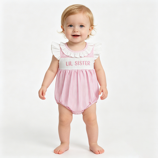 SR3593 LIL SISTER Embroidery Pink Stripes Print Baby Girls Smocked Romper