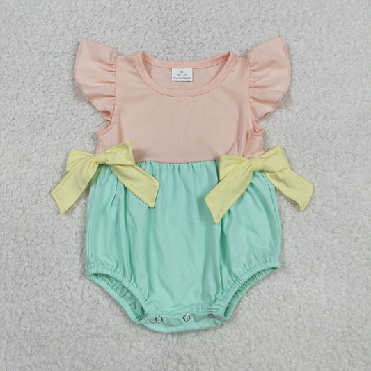 SR3662 Pink Green Cotton Baby Girls Summer Flutter Sleeve Romper