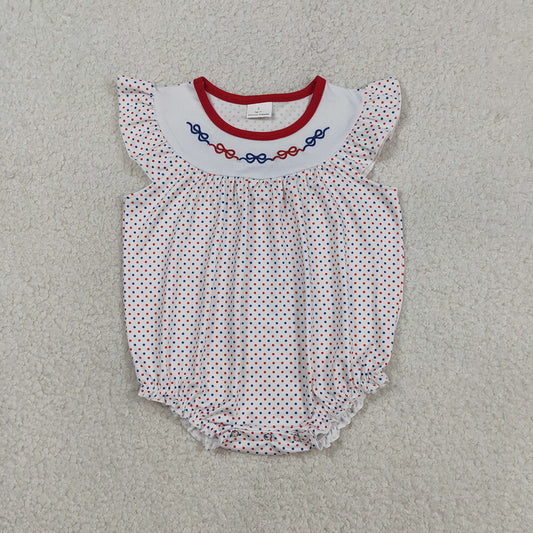 SR3706 Bows Embroidery Dots Print Baby Girls 4th of July Romper