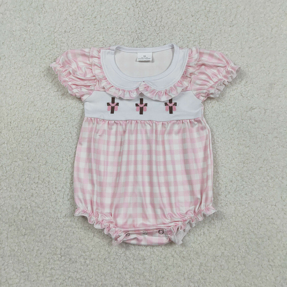 SR3756 Cross Embroidery Pink Plaid Print Baby Girls Easter Doll Collar Romper