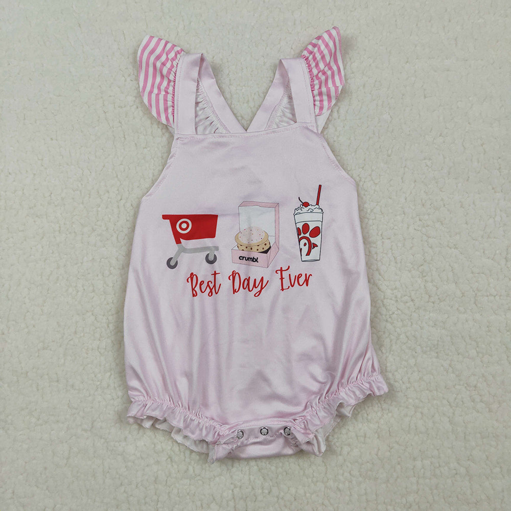 SR3780 "Best Day Ever" Pink Striped Ruffle Strap Baby Girls Summer Romper