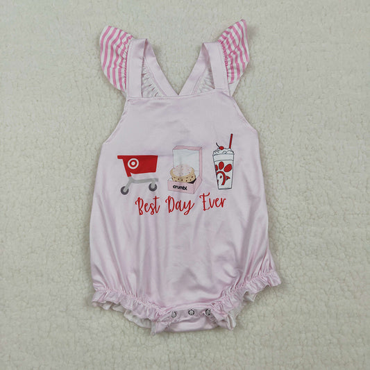 SR3780 "Best Day Ever" Pink Striped Ruffle Strap Baby Girls Summer Romper
