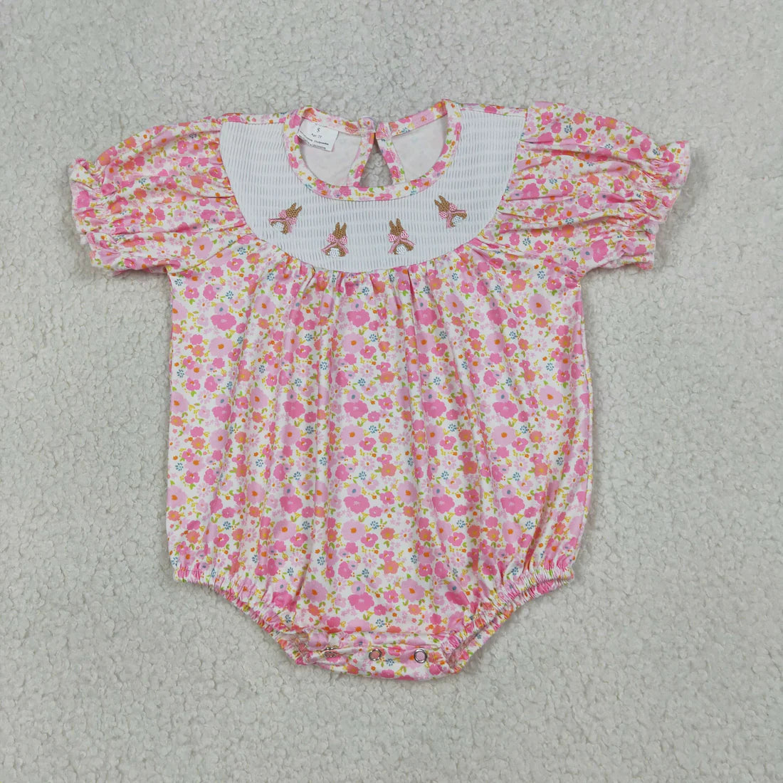 Sibling Baby Girls Smocked Bow Rabbits Flowers Easter Knee Length Dress Ruffle Rompers