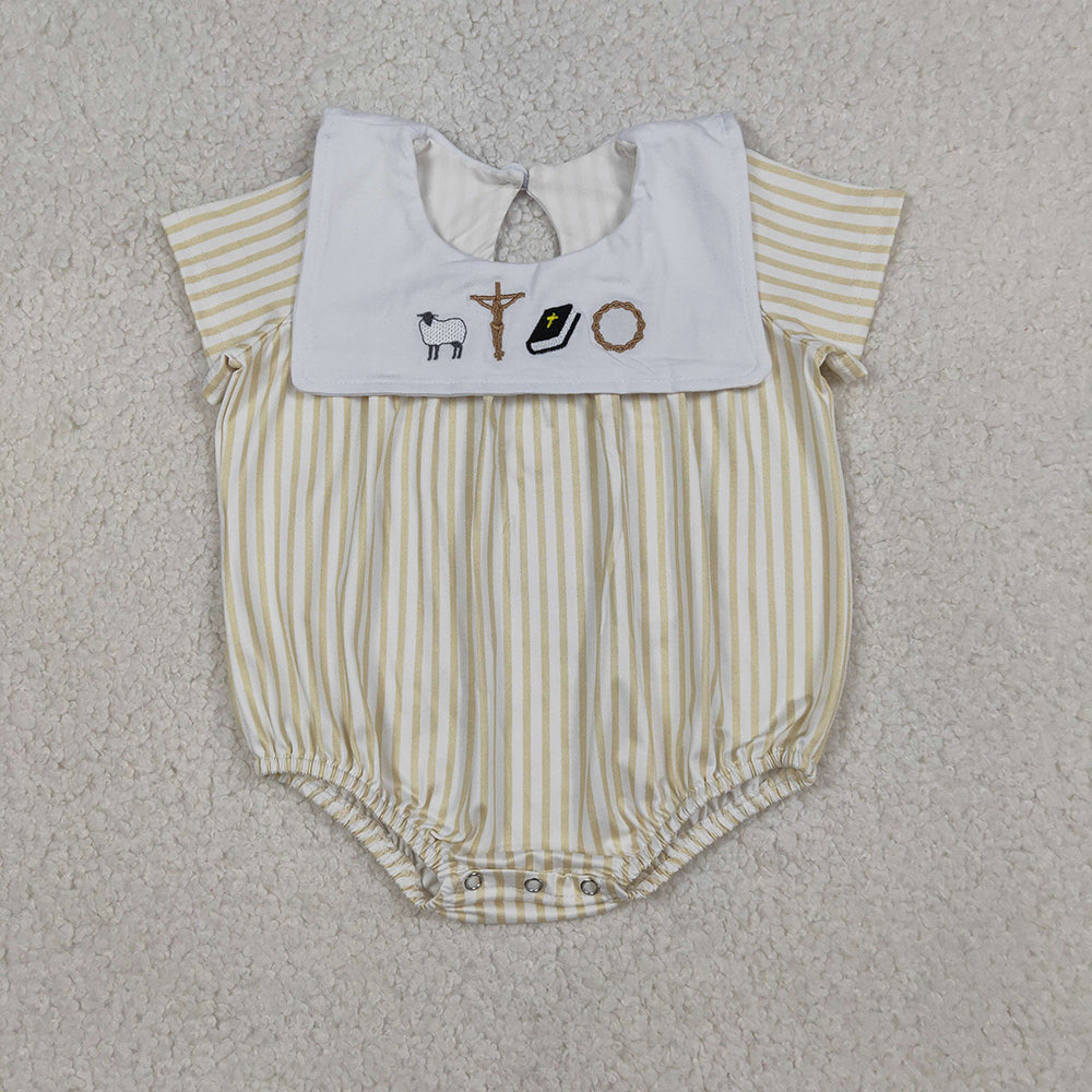 SR3802 Cross Embroidery Stripes Print Baby Short Sleeve Romper