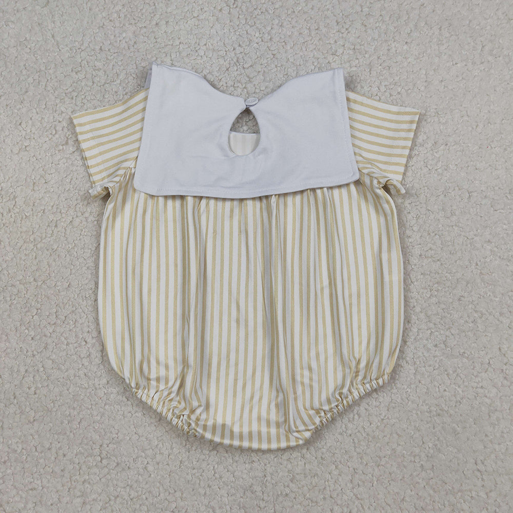 SR3802 Cross Embroidery Stripes Print Baby Short Sleeve Romper