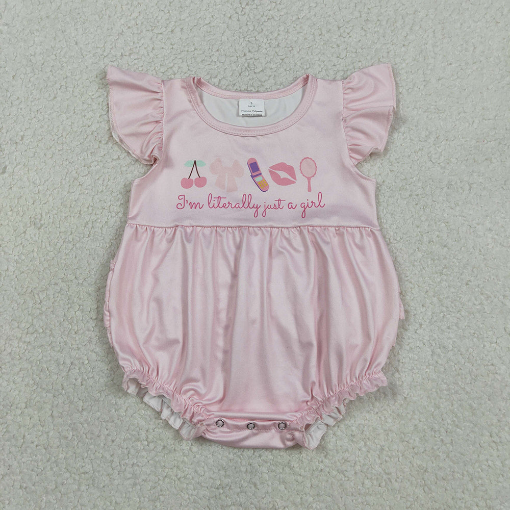 SR3825 Cherry Bows I'm Just a Girl Pink Print Baby Girls Flutter Sleeve Ruffles Summer Romper