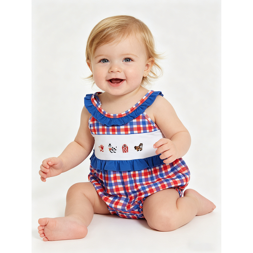 Baby Girls Embroidery Farm Animal 4th of July Bubble Romper