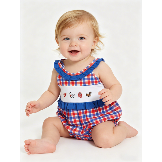 Baby Girls Embroidery Farm Animal 4th of July Bubble Romper