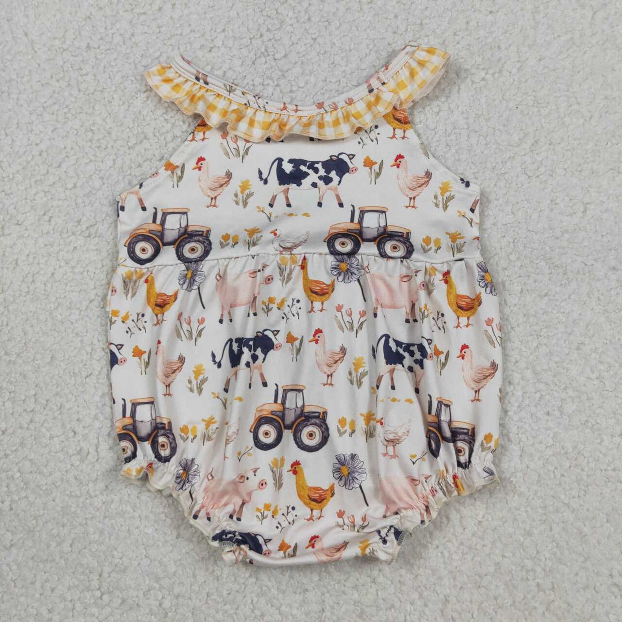 SR3848 Farm Animals Tractor Print Baby Girls Summer Sleeveless Romper