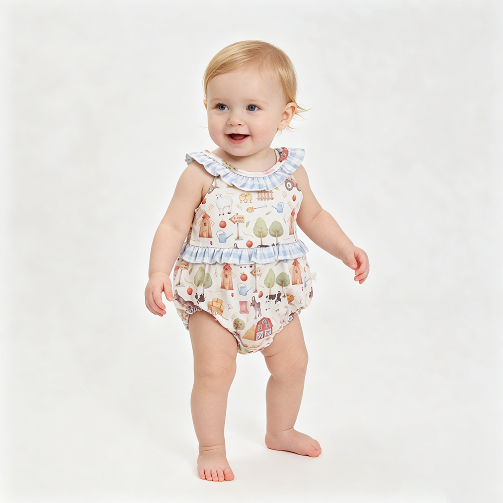 SR3852 Farm Animals Print Baby Girls Summer Romper