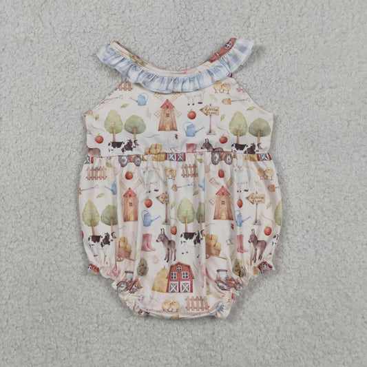 SR3852 Farm Animals Print Baby Girls Summer Romper