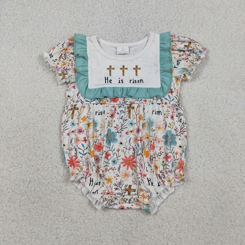 SR3861 He is Risen Cross Colorful Flowers Print Ruffles Baby Girls Easter Romper
