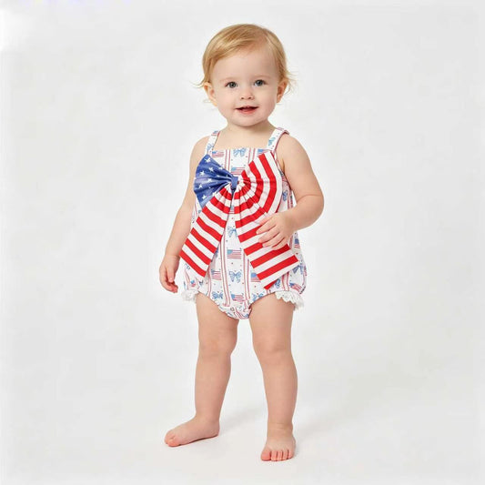 SR3862 Baby Girls 4th of July Bubble Strap Romper With Bow