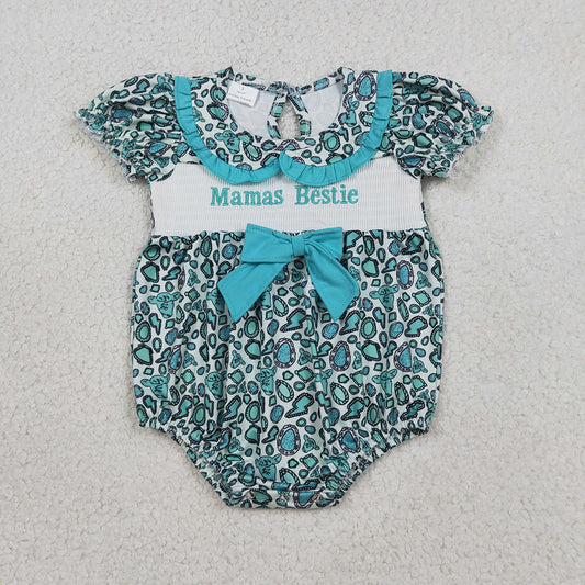 SR3863 Mama's Bestie Embroidery Turquoises Print Baby Girls Western Doll Collar Smocked Romper