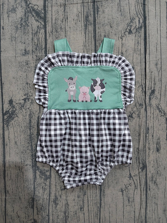 SR3866  Preorder Farm Animals Plaid Print Baby Girls Backless Strap Romper