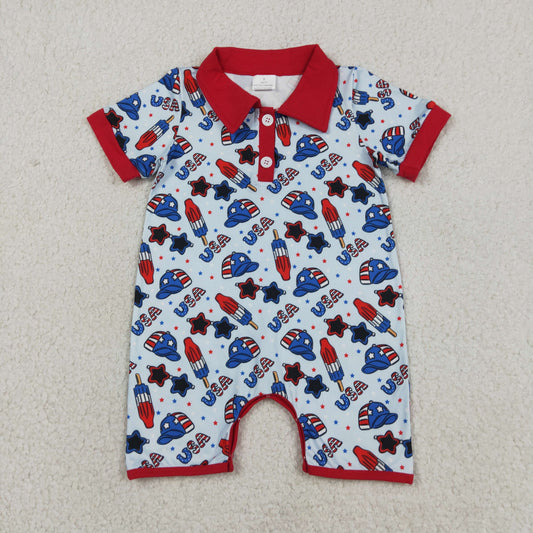 USA Hat Popsicle Stars Print Baby Boys 4th of July Polo Romper