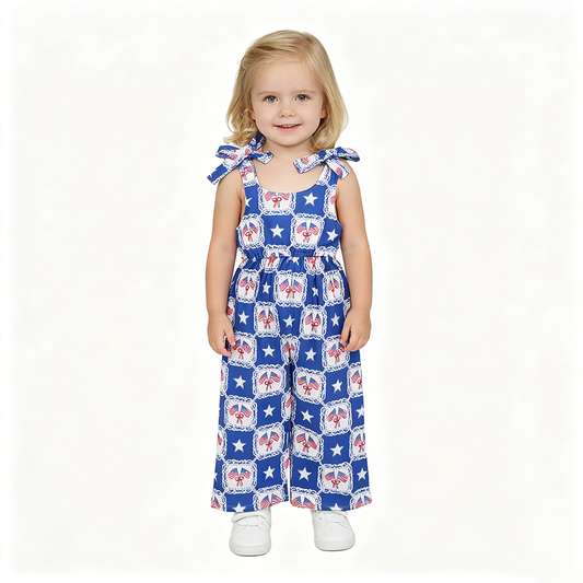 SR3875 Flag & Star Bow Blue Print Baby Girls 4th of July Strap Jumpsuits