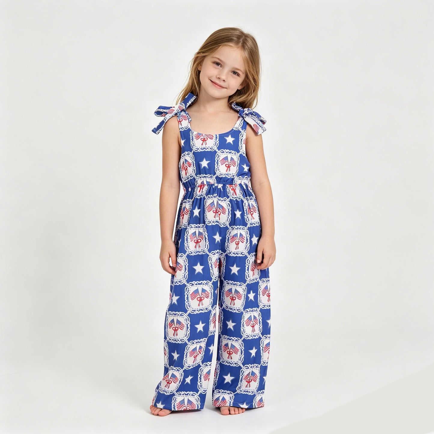 Flag & Star Bow Blue Print Baby Girls 4th of July Strap Jumpsuits Dress Sisters Wear