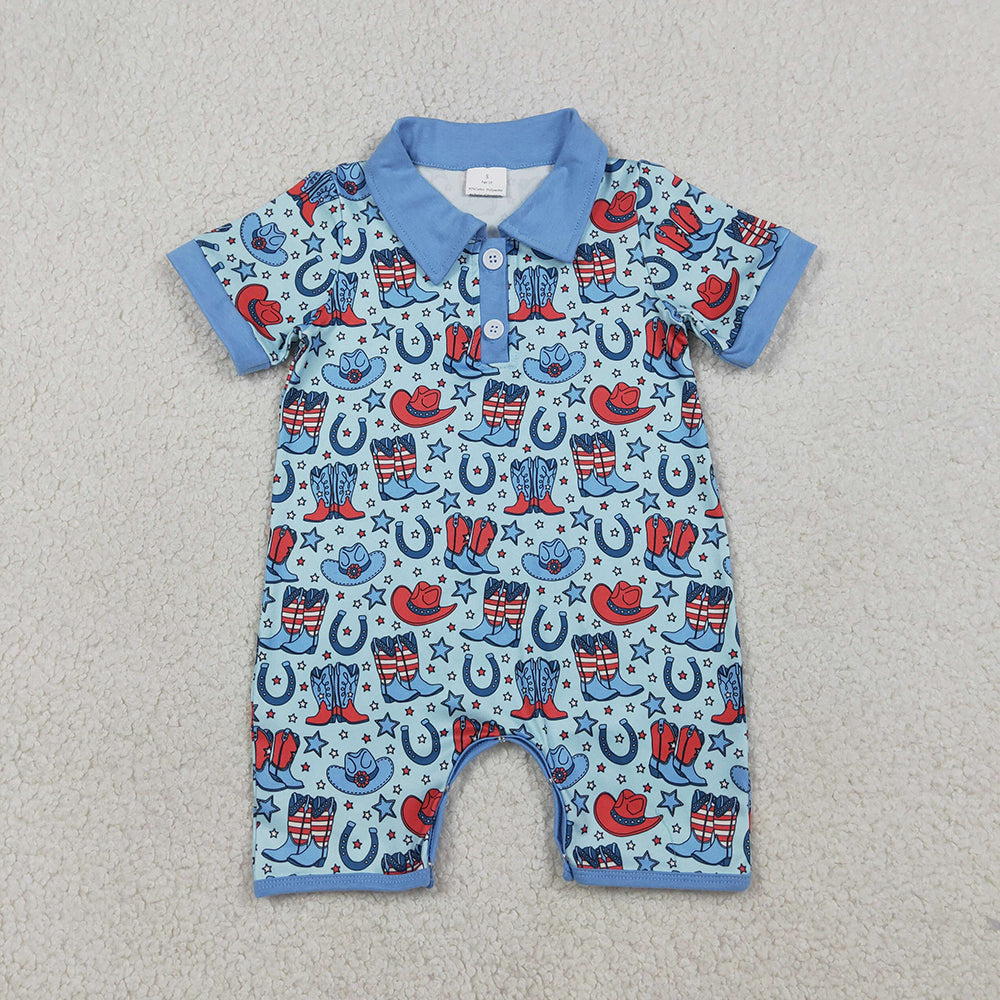 SR3884 Hat Boots Stars Print Baby Boys 4th of July Polo Romper