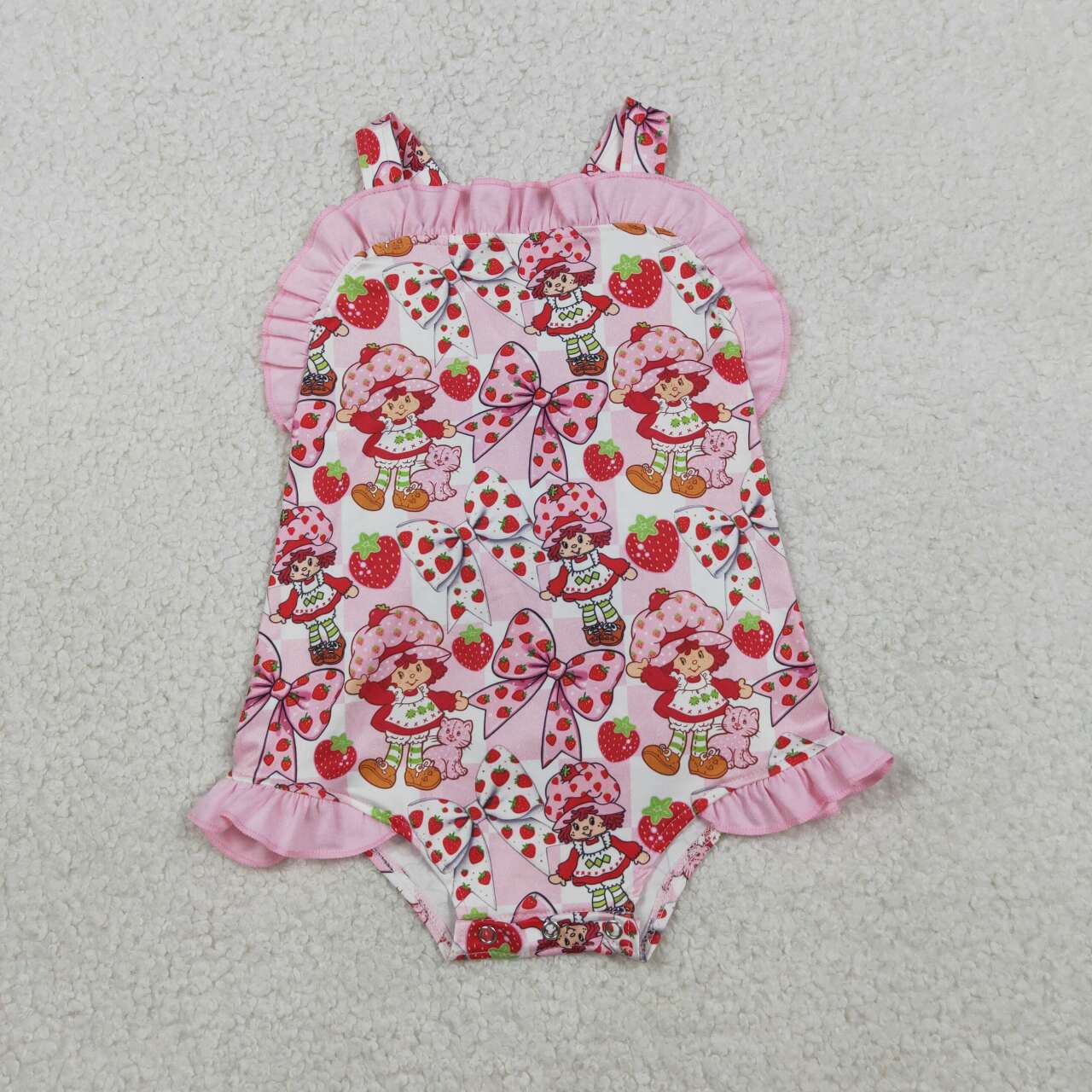 SR3885 Girls’ Strawberry Girl Bow Print Ruffle Backless Romper - Pink