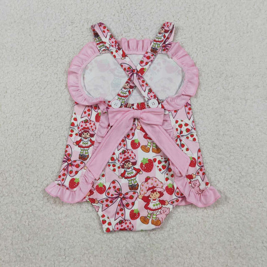 SR3885 Girls’ Strawberry Girl Bow Print Ruffle Backless Romper - Pink