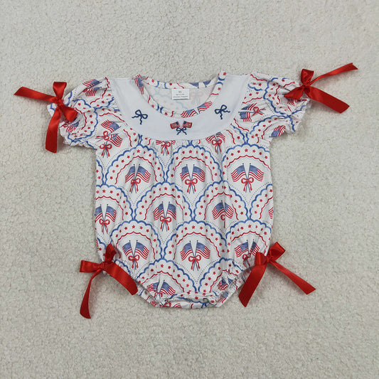 SR3887 Flag Bows Embroidery Stars Print Baby Girls 4th of July Romper