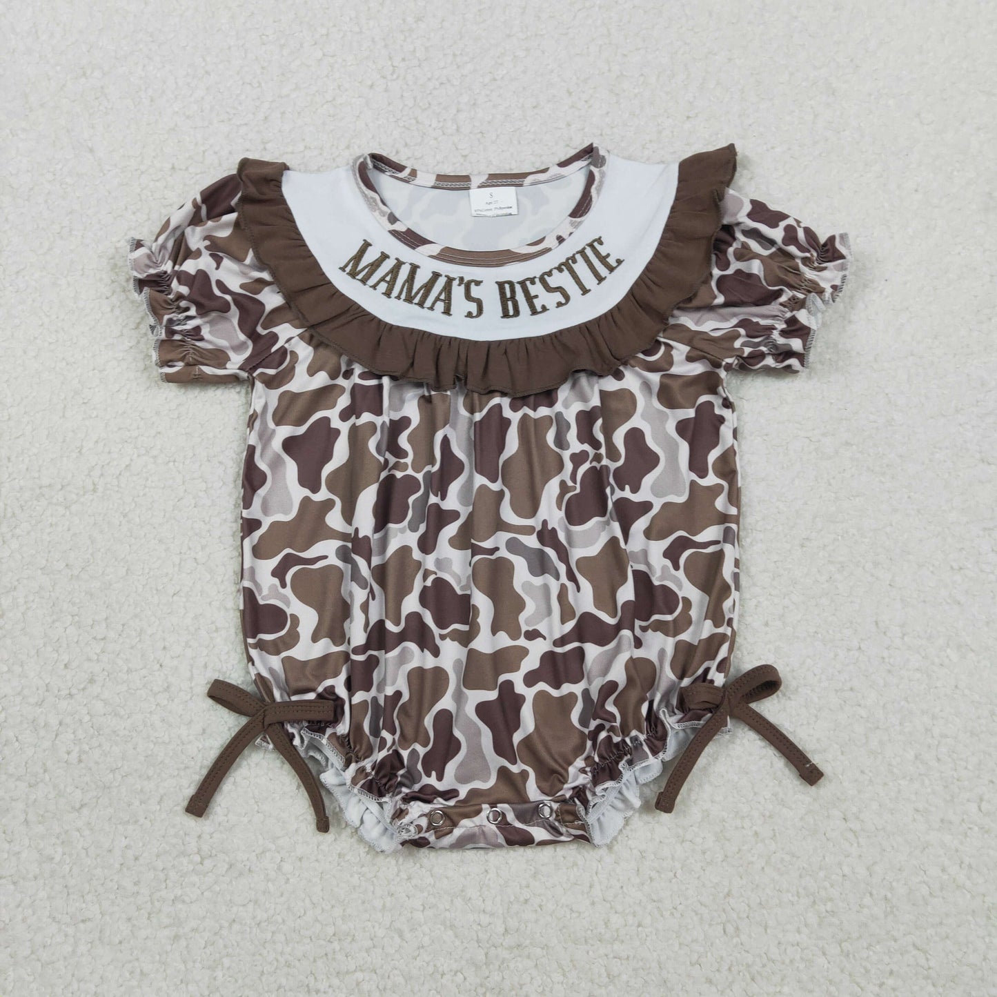 Sibling Embroidery Mama's Boy Girl Brown Camo Shorts Clothes Set Dress Rompers